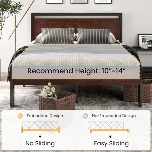 Miniatura 7 de SHA CERLIN Estructura de cama de plataforma de metal de 14 pulgadas tamaño Queen con cabecero y piecero de madera, base para colchón, no necesita