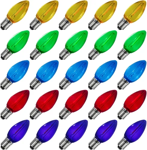 Miniatura 8 de Bombillas LED C7 para Navidad, paquete de 25 bombillas de repuesto multicolor, bombilla LED Edison C7 irrompible para luces navideñas, lámpara