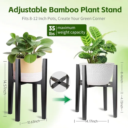 Miniatura 5 de Soporte ajustable de bambú para plantas de interior, estante moderno para flores con compatibilidad de maceta de 8 a 12 pulgadas, diseño de esquina