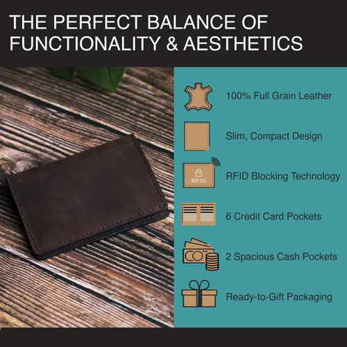 Miniatura 5 de Cartera de cuero prémium para tarjetas de crédito para hombres Cartera delgada con bloqueo RFID, Combinación marrónbronceado, Minimalista