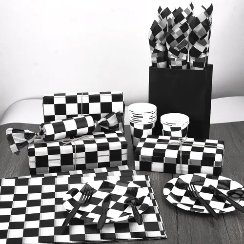 Miniatura 6 de Welpurch 120 hojas de papel de regalo de fiesta de autos de carreras en blanco y negro, 20 x 14 pulgadas