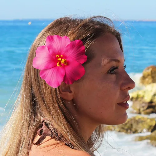 Miniatura 8 de Paquete de 3 pinzas para el cabello de flores hawaianas, 3.5 pulgadas, pinzas para el cabello de flores de hibisco tropicales para mujer, pinzas