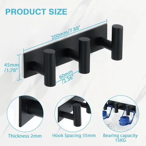 Miniatura 2 de Alise - Perchero negro para sombreros y abrigos con 3 ganchos para montaje en pared Self Adhesive or Wall Drilling,Wall Hooks for Hanging Robes