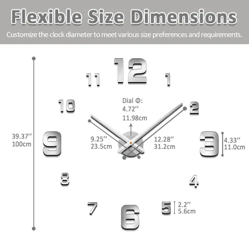 Miniatura 5 de Mintime Reloj de Pared Moderno sin Marco DIY Grande 3D Reloj de Pared Espejo con Números para Decoración de Hogar y Oficina Plata