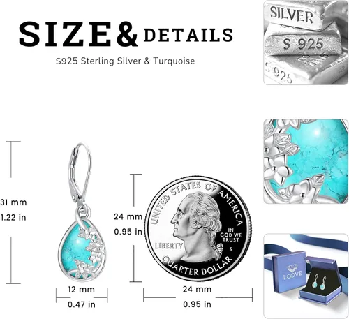 Miniatura 68 de Aretes colgantes de plata de ley con diseño de árbol de la vida, flor, abeja, animales, gato, colibrí, piedra lunar, turquesa, aretes con cierre