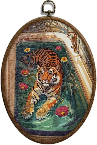 Arte de pared ovalado enmarcado con tigre en la bañera, arte de pared de tigre ecléctico, decoración de baño maximalista impermeable, decoración de