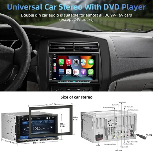 Miniatura 2 de Estéreo de auto doble DIN con Carplay y Android Auto, pantalla táctil HD de 7 pulgadas, compatible con reproductor de CD y DVD, Bluetooth, cámara
