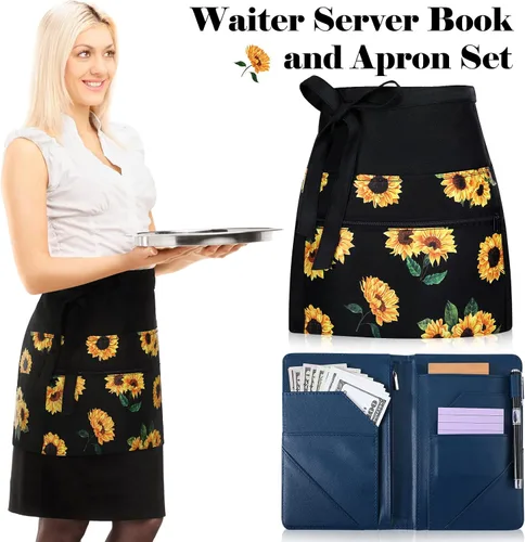 Miniatura 2 de Jetec 2 Pcs Waist Apron with 6 Pockets and Leather Server Book for Waitress Patterned Server Half Apron with Zipper for Women