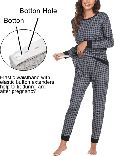Miniatura 3 de Ekouaer Conjunto de ropa interior térmica de maternidad y lactancia, conjunto de pantalones largos de punto a rayas, capa base superior e inferior