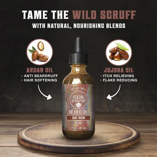 Miniatura 3 de Viking Revolution Aceite de barba de ron de bahía para hombres, suavizante y acondicionador natural con aceites de argán y jojoba para fortalecer e