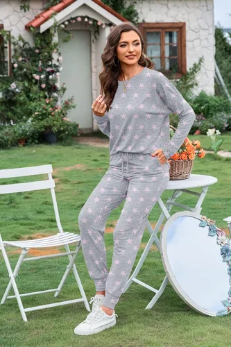 Miniatura 4 de DUSDIMON Conjunto de pijama de manga larga para mujer, conjunto de dos piezas con bolsillos, ajuste holgado