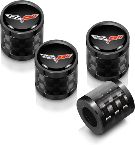 iPick Image Para Chevrolet Corvette C6 Logo en negro en barril de fibra de carbono real Negro Aluminio neumático válvula vástago tapas negro / negro
