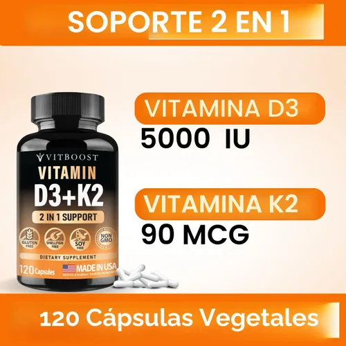 Miniatura 6 de VITBOOST Complejo de vitamina D3 K2 – Fácil de tragar – Vitamina D (D3) 5000 UI (125 mcg) y K2 (MK-7) 90 mcg Sin OGM Sin gluten Fabricado