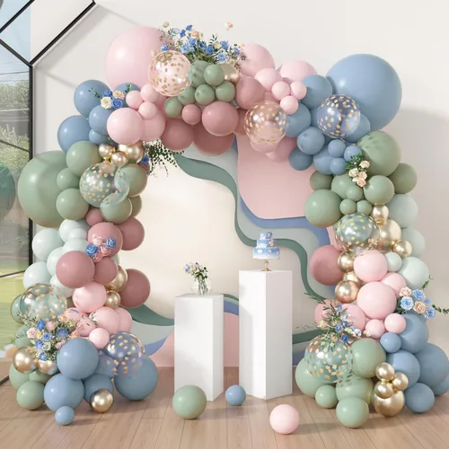 Miniatura 12 de Amandir Kit de Arco de Guirnalda de Globos Azul Polvoriento Verde de 173 Piezas, Globos de Confeti Azul Neblina Niebla Azul Ceniza Niebla Verde