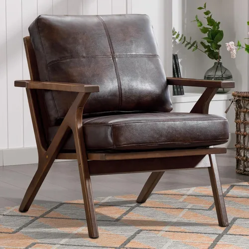 Miniatura 12 de INZOY Sillón moderno, estilo Accent de mitades de siglo, con marco de madera, de piel sintética, para sala de estar y dormitorio, sillón acolchado