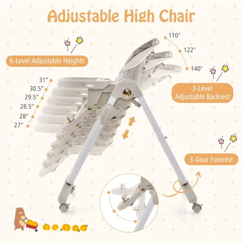Miniatura 3 de HOMGX - Silla alta portátil, silla de alimentación plegable para bebés con reposapiés y respaldo ajustables, bandeja doble grande apta