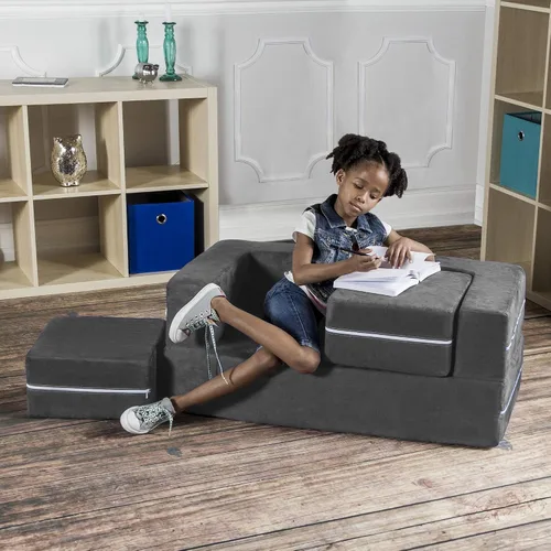 Miniatura 3 de Jaxx Zipline - Sofá biplaza modular y otomana para niños, tumbona plegable, color carbón Carbón vegetal