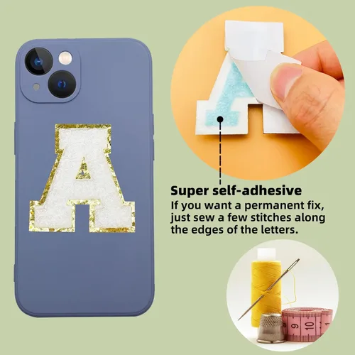 Miniatura 4 de Jongdari Parches de letras de chenilla autoadhesivas y termoadhesivas, parche universitario con brillantina del alfabeto - 26 piezas, blanco