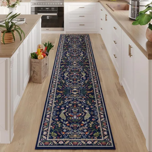 Miniatura 4 de Rugcomf Tapete de pasillo, lavable, de cocina, 2 x 10 pies, para entrada, interior, floral, antideslizante, suave, lavandería, dormitorio, baño, azul