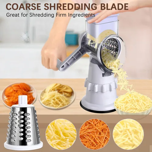 Miniatura 4 de Rallador giratorio de queso, manivela de mano, rebanadora de verduras con 3 cuchillas, succión estable, mango que ahorra trabajo, trituradora