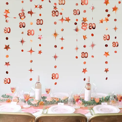 Decoraciones de cumpleaños número 80 color oro rosa con el número 80, guirnalda de estrellas centelleantes metálicas, telón de fondo para 80 años y
