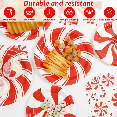Miniatura 3 de Juego de 96 platos de papel de caramelo de menta de Navidad, suministros de fiesta, suministros de fiesta de caramelo y menta para vacaciones