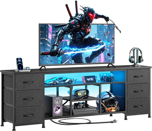 Miniatura 10 de Furologee Soporte de TV LED para TV de 65, 70 pulgadas, centro de entretenimiento de 63 pulgadas con tomas de corriente, cómoda de 6 cajones de tela
