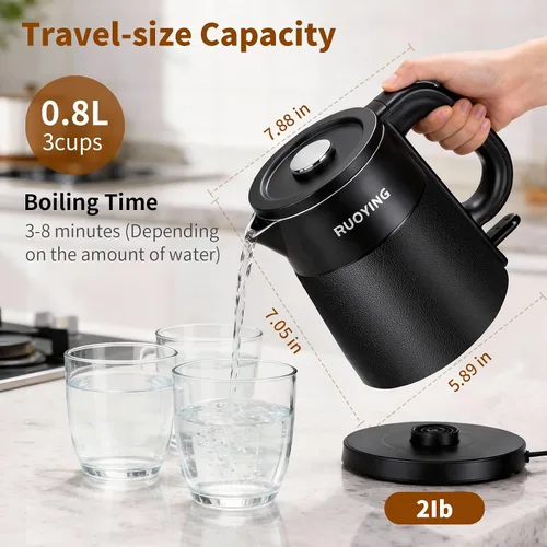 Miniatura 5 de Hervidor eléctrico pequeño de 0.8L, caldera de agua portátil de acero inoxidable de doble pared de viaje, tanque interno sin costuras de grado