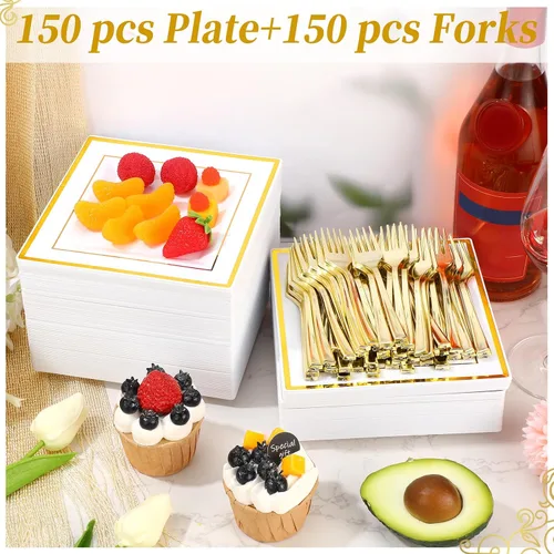 Miniatura 6 de El juego de 300 platos cuadrados de plástico con tenedores incluye 150 platos de postre desechables de 6.5 pulgadas resistentes y 150 tenedores