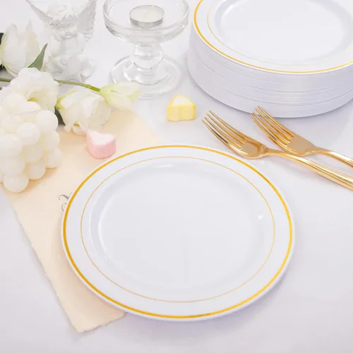 Nervure 140 platos de plástico dorado festoneado y cubiertos de plástico dorado con mango blanco: 40 platos, 20 tazas, 20 tenedores, 20 cuchillos,