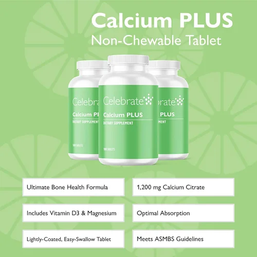 Miniatura 2 de Celebrate Vitamins Calcio Plus – 600 mg de citrato de calcio, 600 UI de vitamina D3 y 50 mg de magnesio para cirugía post bariátrica – Sin gluten