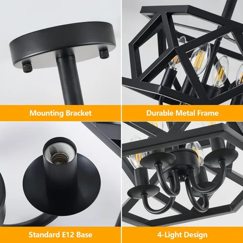 Miniatura 8 de Lámpara de techo semiempotrada negra, moderna lámpara de techo de metal, lámpara de techo de metal de 4 luces, lámpara de araña pequeña para Negro
