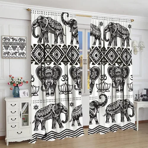 Miniatura 4 de Cortinas opacas de elefante, estilo étnico indio, bohemio, flores de loto de elefante blanco y negro, divertidas cortinas con patrón de animales