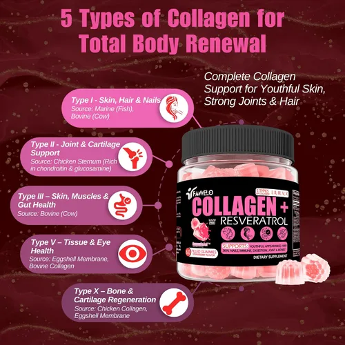 Miniatura 4 de Gomitas multicolágeno hidrolizadas tipo I, II, III, V, X Plus Resveratrol ácido hialurónico y biotina gomitas para cabello, piel y uñas, vitaminas