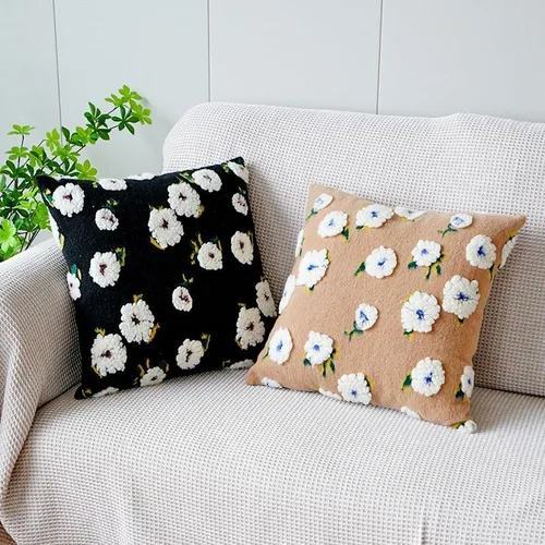 Miniatura 3 de Funda de almohada de forro polar bereber de gamuza de camelia, funda de cojín tridimensional con flores para sala de estar, sofá, oficina, Negro