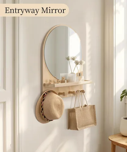 Miniatura 6 de Maxpeuvon Espejo de guardería, espejo circular bohemio para montaje en pared, estante de madera natural, arco colgante, decoración de pared moderna