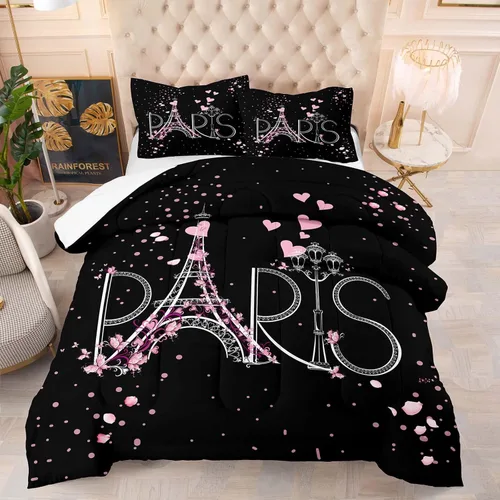 Miniatura 8 de Juego de edredón de París y amante de la Torre Eiffel de París, tamaño Queen, para niños, niñas y niños, juego de ropa de cama 1 edredón con 2