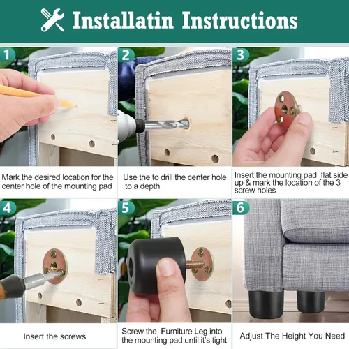 Miniatura 6 de 4 patas de plástico para muebles de 1-1/2 pulgadas, patas de sofá negras, patas redondas para muebles, patas de repuesto para sofá con tuercas