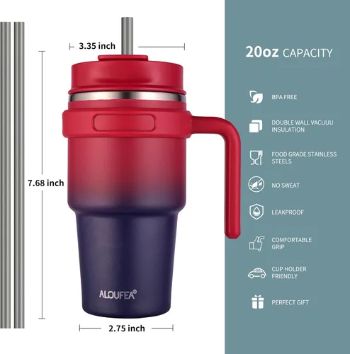 Miniatura 2 de Taza de café aislada de 20 onzas con asa, vaso de viaje de acero inoxidable con tapa y popote, taza térmica de doble pared al vacío a prueba