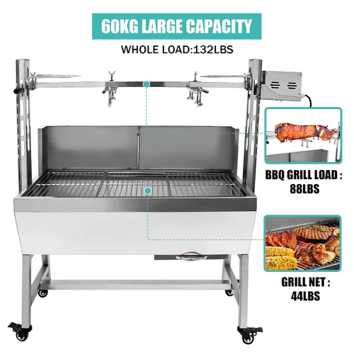 Miniatura 5 de Asador de acero inoxidable, asador de cordero de cerdo pequeño con motor de 25 W, parrilla asadora de carbón de 37 pulgadas para acampar al aire