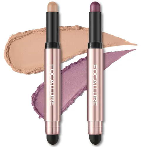 Miniatura 10 de FOCALLURE 2 lápices de sombra de ojos sin arrugas, lápiz de sombra de ojos en crema brillante y mate, larga duración, impermeable, iluminador