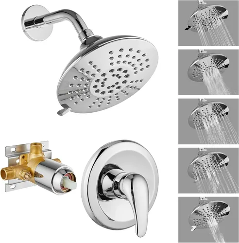 Juego de grifo de ducha para bañera, montado en la pared, cabezal de ducha de lluvia de 5 pulverizaciones de 6 pulgadas con válvula áspera, control