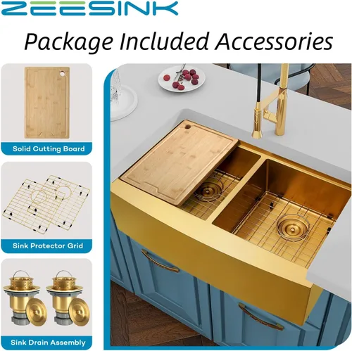 Miniatura 4 de Fregadero dorado de 33 x 20 pulgadas, fregadero de cocina dorado con doble tazón, fregadero de estación de trabajo de granja frontal de 33 pulgadas