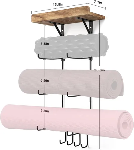 Miniatura 3 de Paquete de 2 soportes para esterilla de yoga de montaje en pared, estante de almacenamiento para esterilla de yoga, accesorios de gimnasio en casa