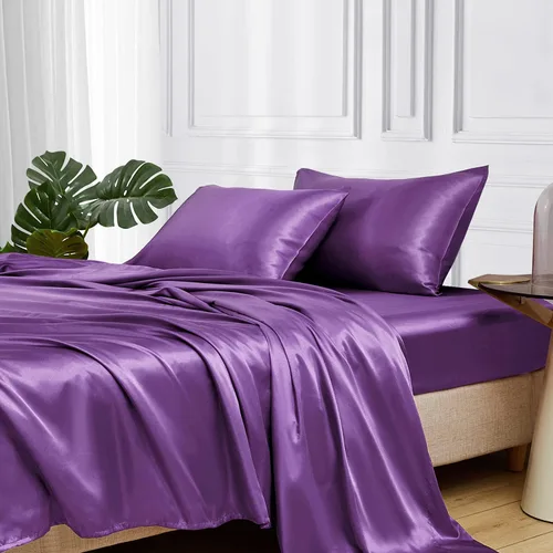 Miniatura 25 de MR&HM Sábanas de satén para cama de tamaño King, juego de 4 piezas de ropa de cama sedosa con bolsillo profundo de 15 pulgadas para colchón