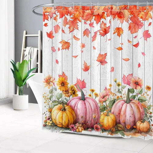 Miniatura 50 de HVEST Cortina de ducha con ganchos, calabaza espeluznante y fantasma con sombrero de bruja negro, juego de cortina de ducha naranja con flores