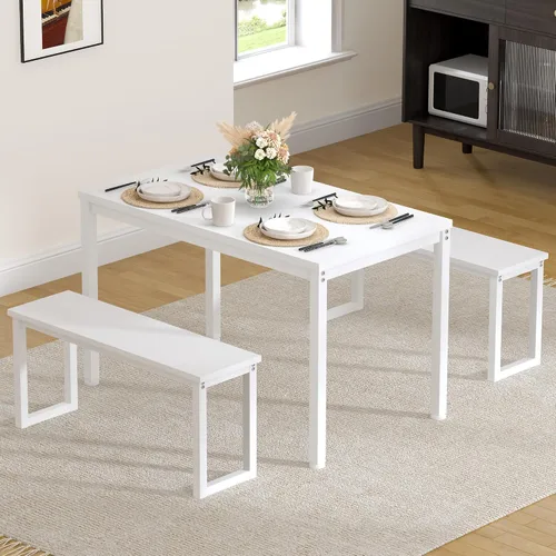 Miniatura 9 de SDHYL Juego de mesa de comedor de 45 pulgadas con 2 bancos, juego de mesa de comedor para 3, mesa de comedor rectangular pequeña de madera con 2