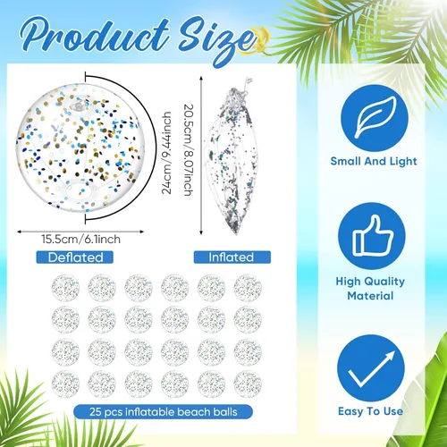 Miniatura 2 de Hungdao 25 bolas inflables de playa con purpurina de 8 pulgadas, mini bola de confeti flotante transparente para niños, pelota de fiesta temática