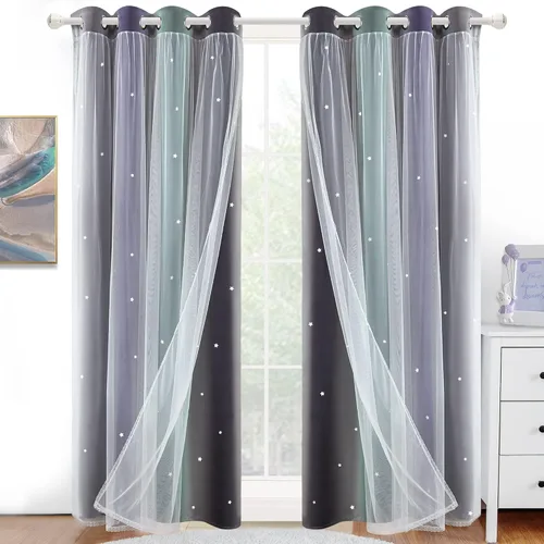 Miniatura 9 de Cortinas opacas con recorte de estrellas y arcoíris para guardería/habitación de niños/niñas, con superposición de tul, 2 paneles, cada una de 52