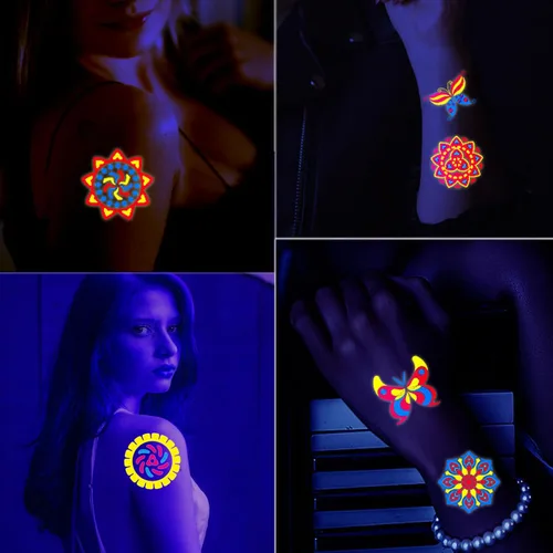 Miniatura 3 de Tatuajes que brillan en la oscuridad, 170 piezas de neón UV luz negra reactiva tatuajes temporales brillantes suministros de fiesta calcomanías